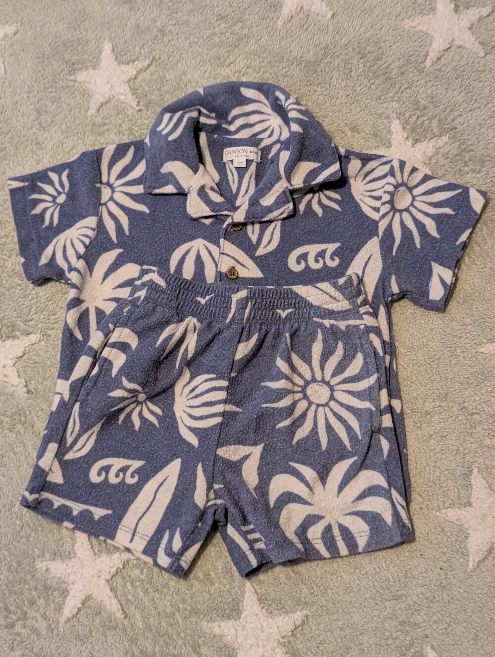 Blue and White Tropical Terry Cloth Two-Piece Set